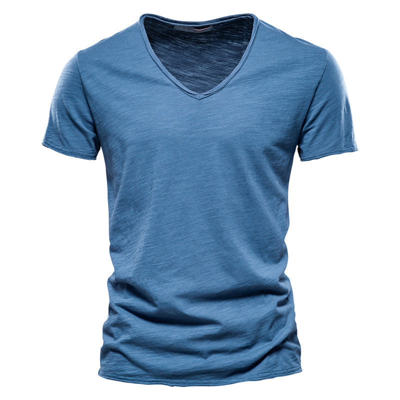 Plain Slub Cotton V-neck T-shirt