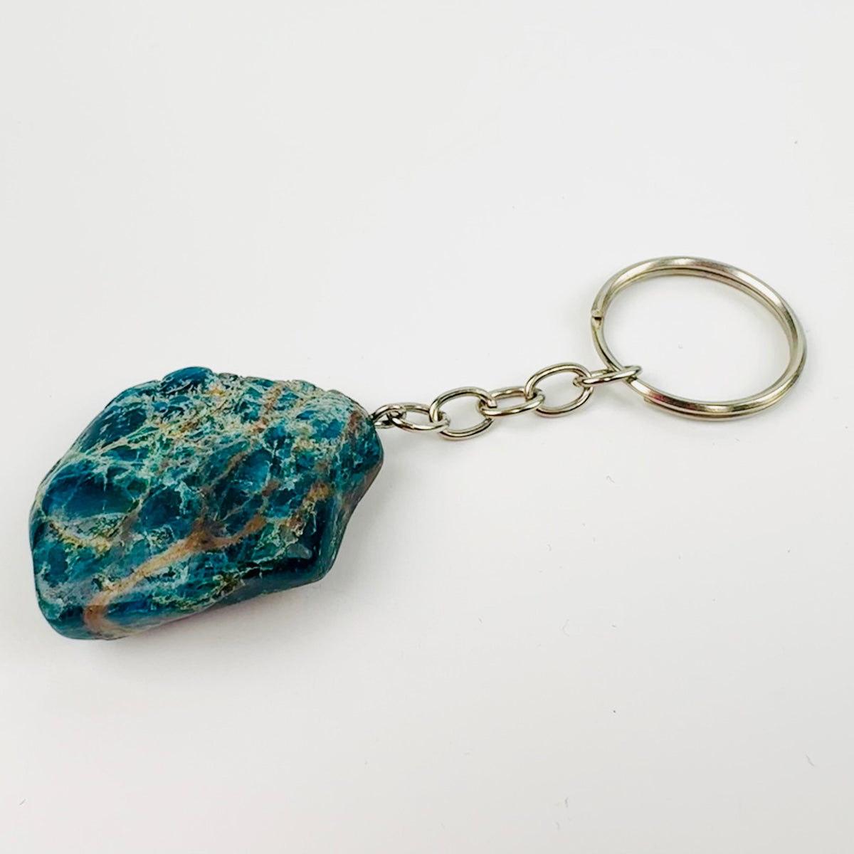 Apatite Silver Toned Key Chain - Tumbled Blue Stone