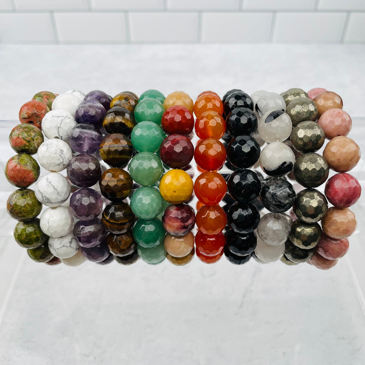 Round Faceted Gemstone Bead Bracelets - 12mm