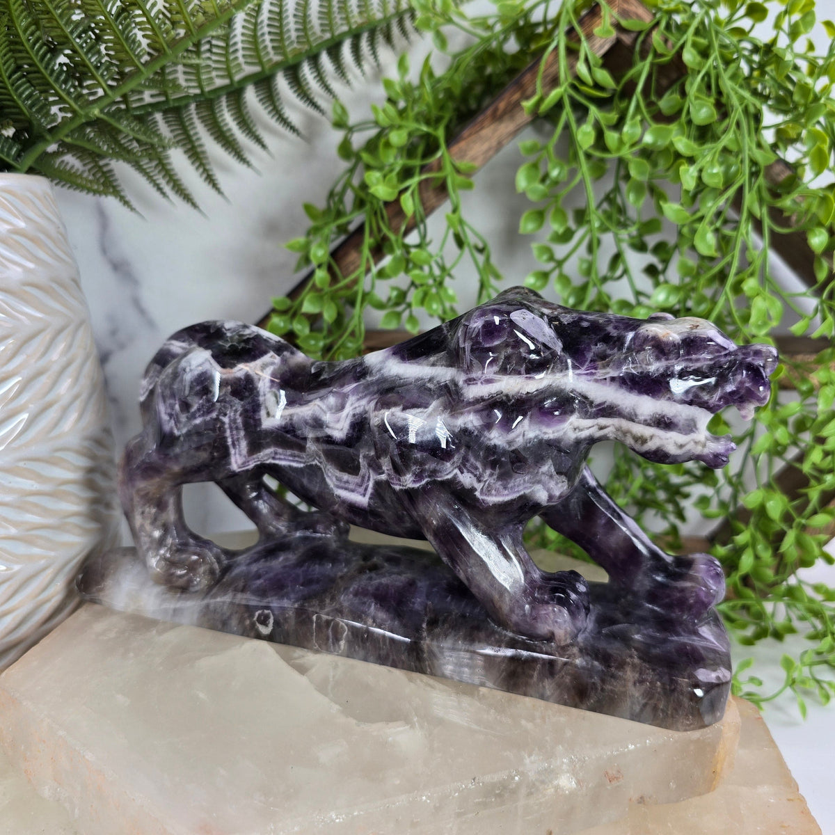 Chevron Amethyst Jaguar Statue - Carved Crystal Wildcat - OOAK