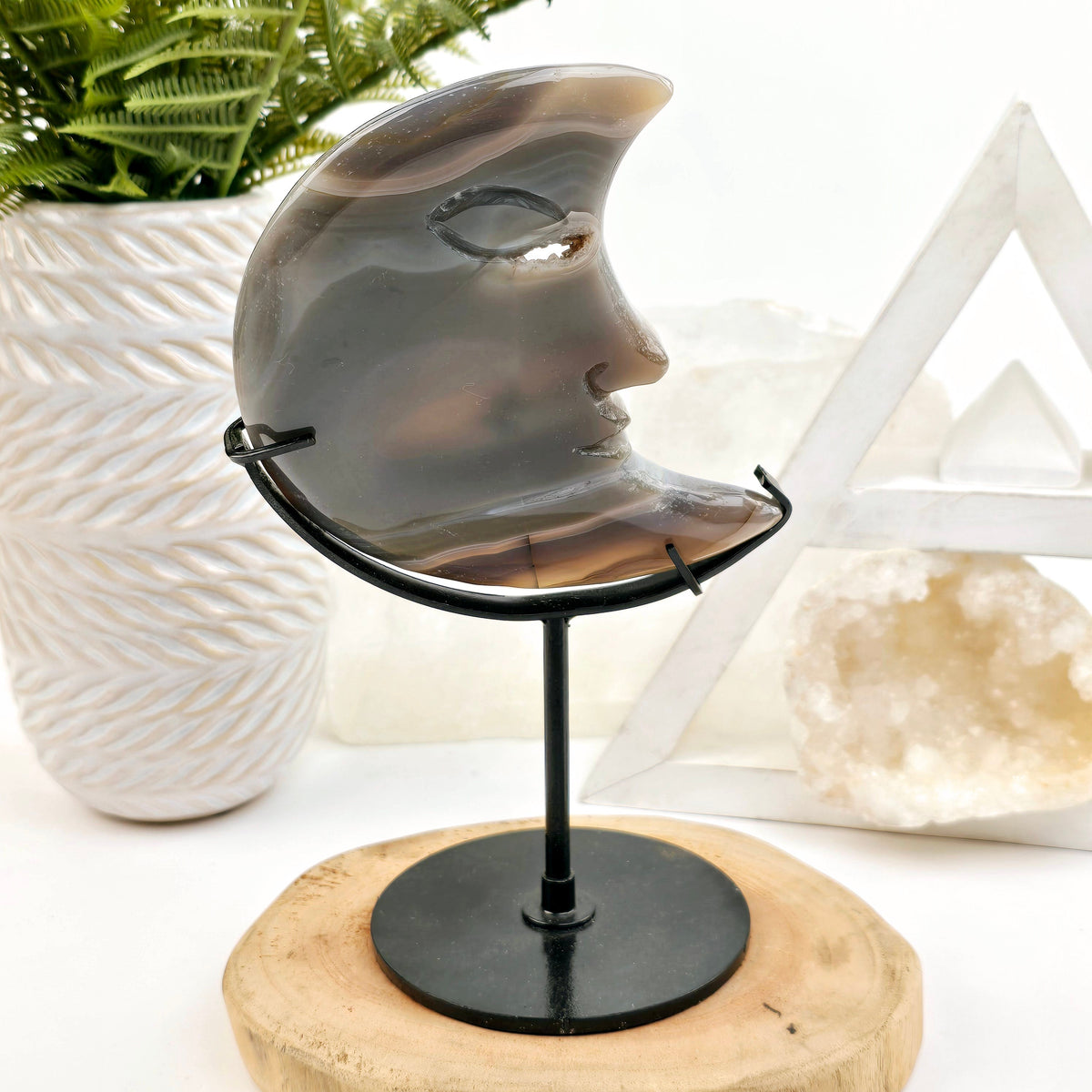 Agate Crystal Moon Carving on Metal Stand