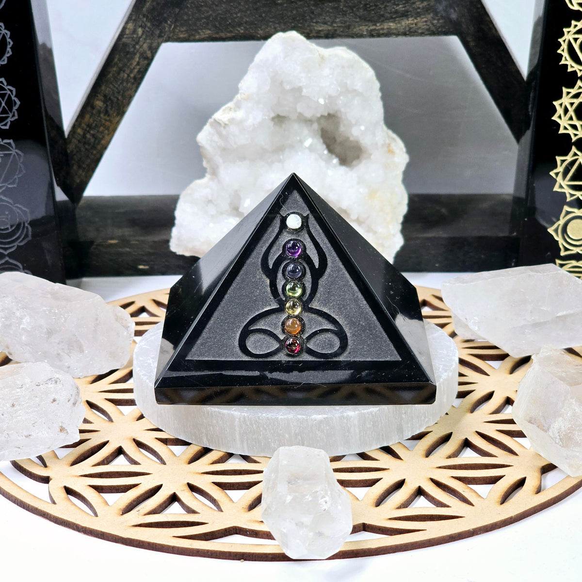 Black Obsidian Pyramid with Seven Chakra Crystal Accents