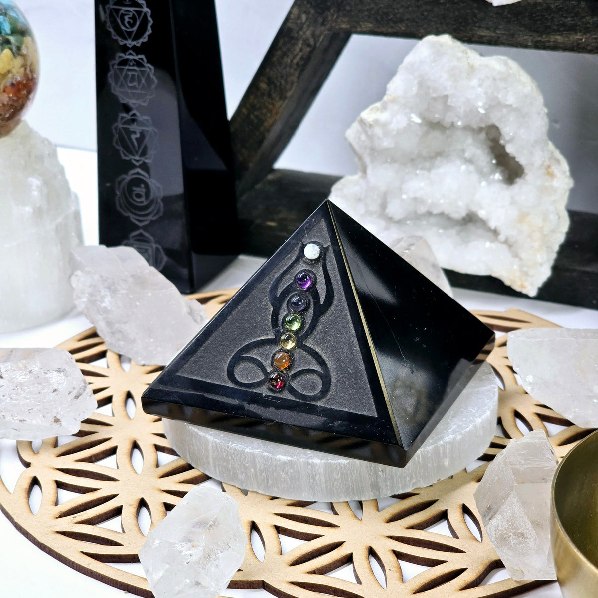 Black Obsidian Pyramid with Seven Chakra Crystal Accents