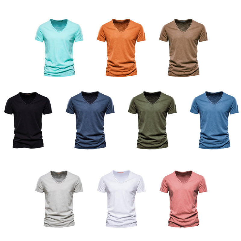 Plain Slub Cotton V-neck T-shirt