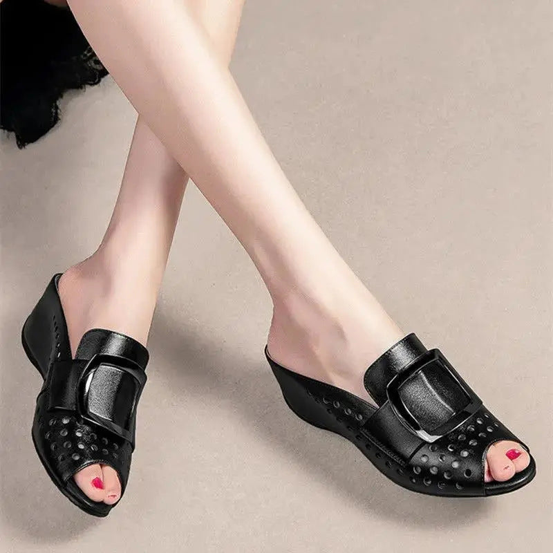 Hollow Fish Mouth Metal Buckle Wedge Heel Sandals