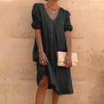 Solid Color V Neck Latern Sleeve Dress