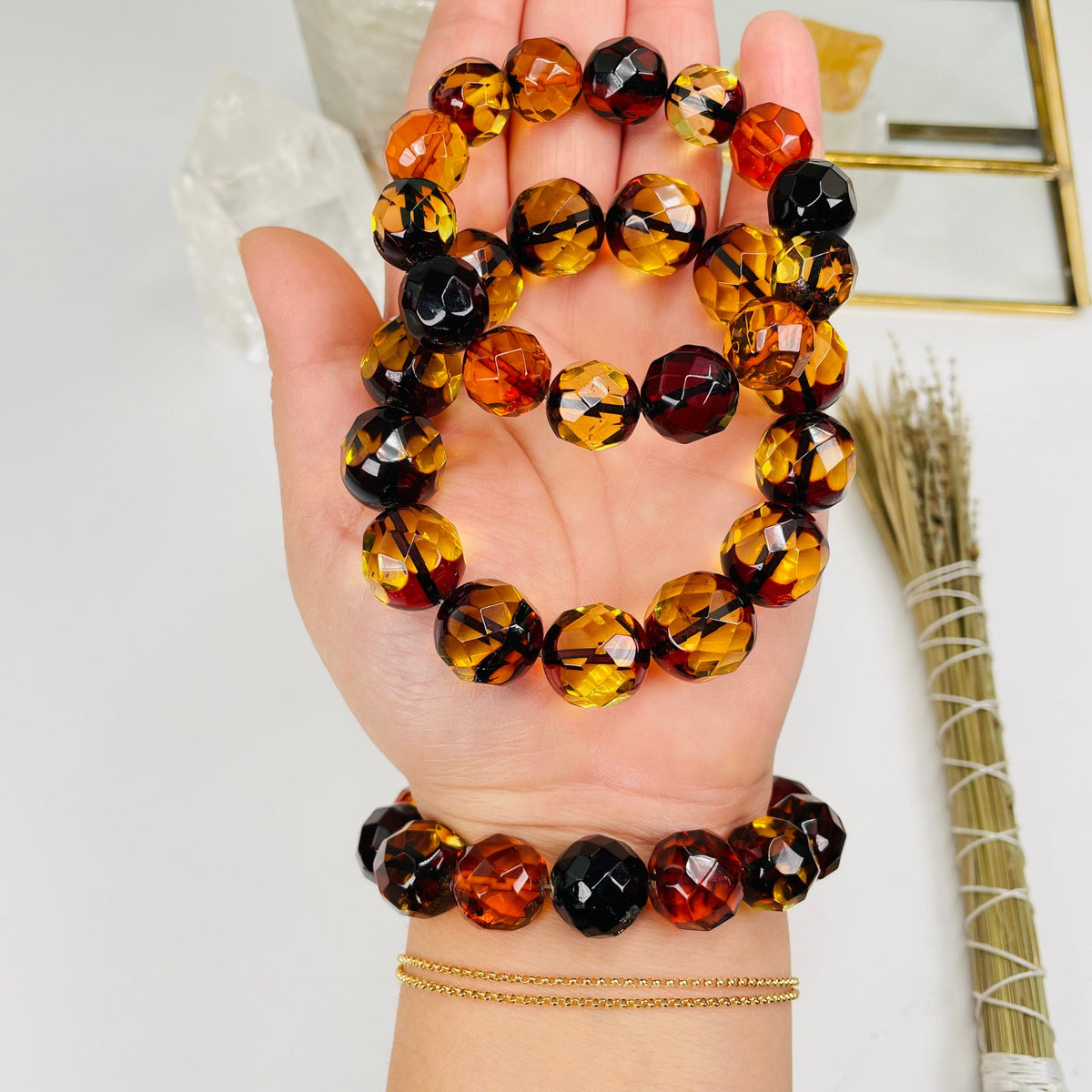 Round Faceted Amber Bead Bracelet - Baltic Amber -