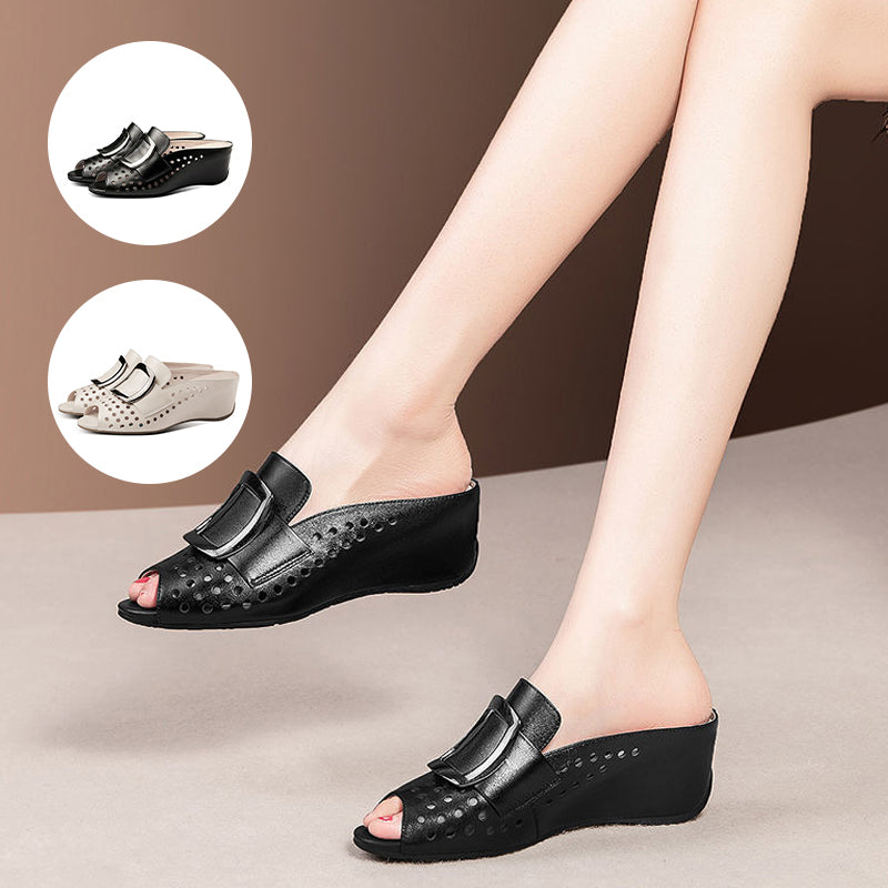 Hollow Fish Mouth Metal Buckle Wedge Heel Sandals