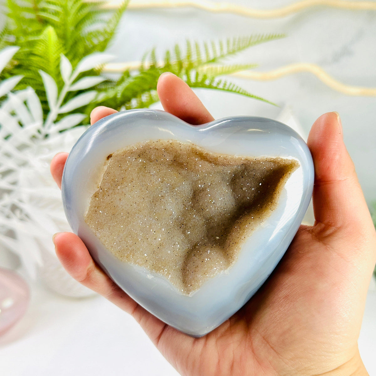 Agate Geode Heart with Druzy - Polished Crystal Heart