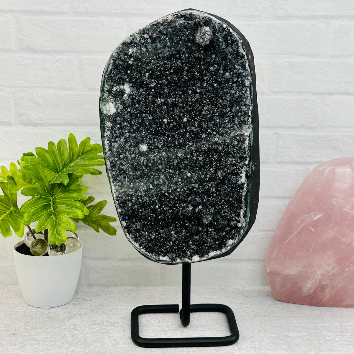 Black Amethyst Crystal Cluster on Metal Stand - OOAK -