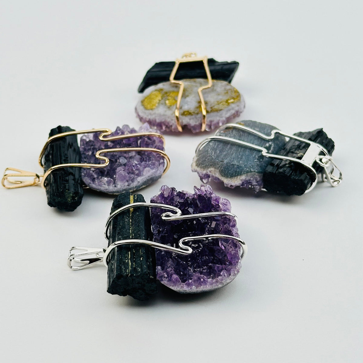 Amethyst and Black Tourmaline Wire Wrapped Crystal Pendant