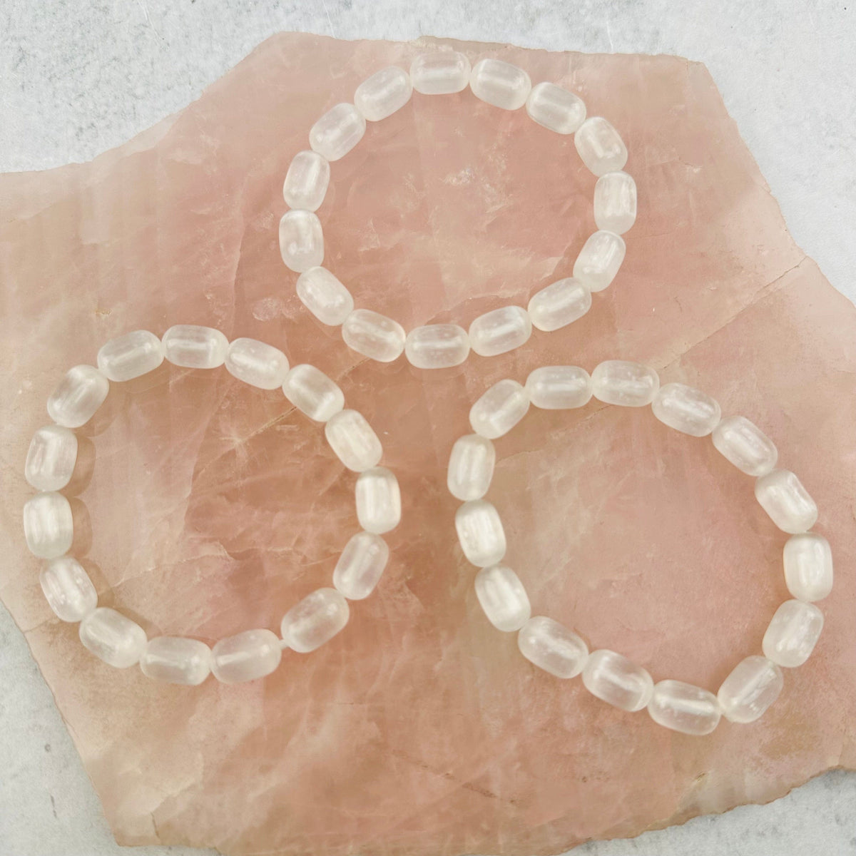 Selenite Gemstone Crystal Stretch Bracelets - Oval Beads - 12mm