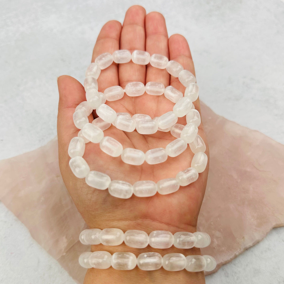 Selenite Gemstone Crystal Stretch Bracelets - Oval Beads - 12mm