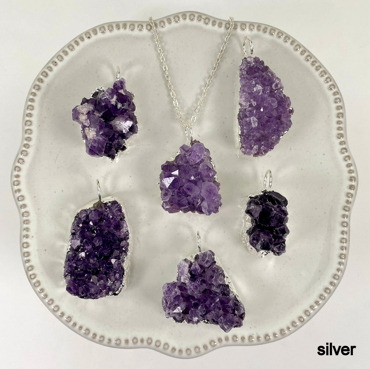 Amethyst Druzy Cluster Pendants with Hoop Bail and Plated Edge