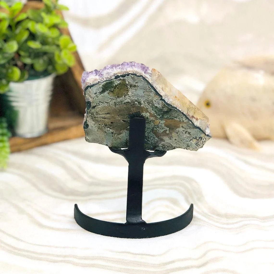 Amethyst Crystal Purple Geode With Calcite on Metal Stand