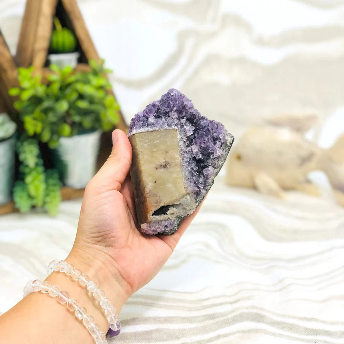 Amethyst Crystal Purple Geode With Calcite on Metal Stand