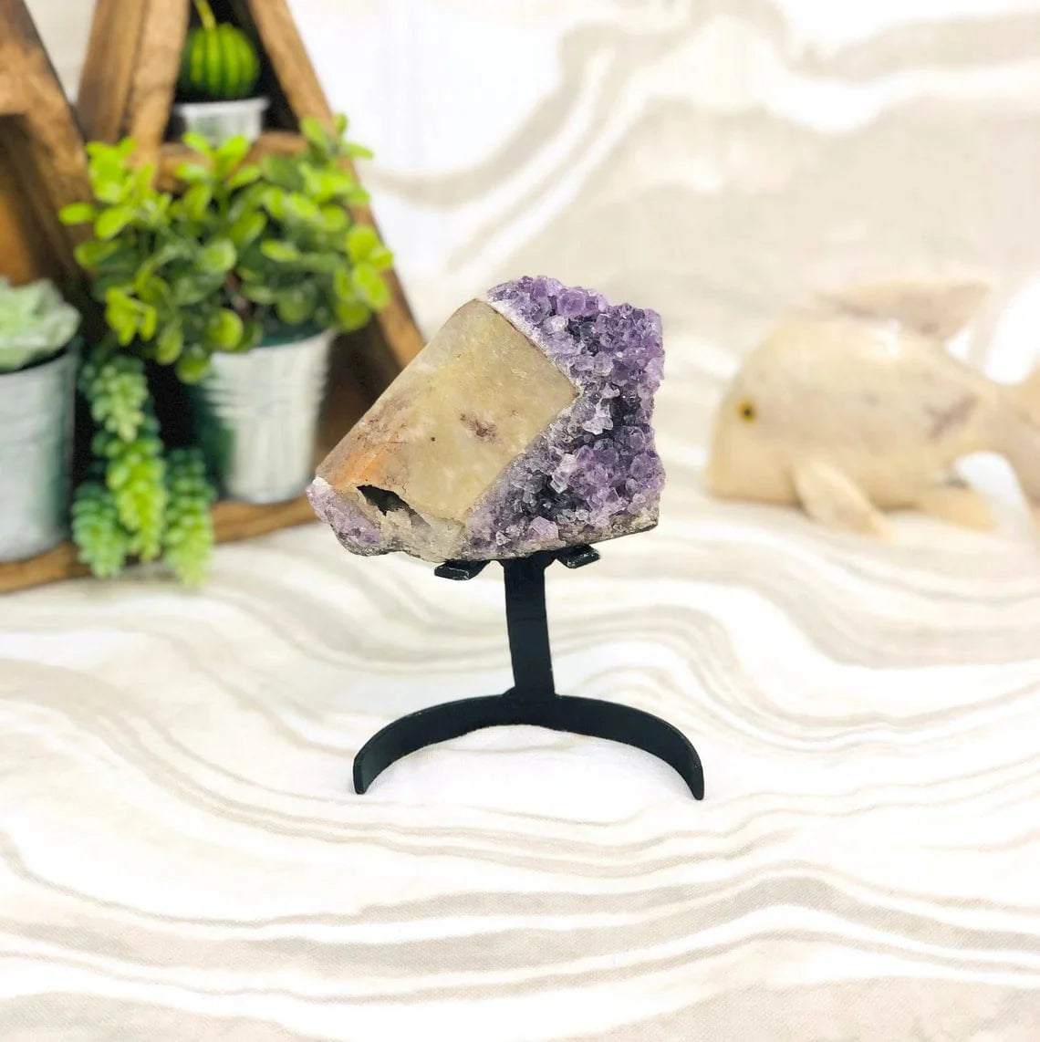 Amethyst Crystal Purple Geode With Calcite on Metal Stand