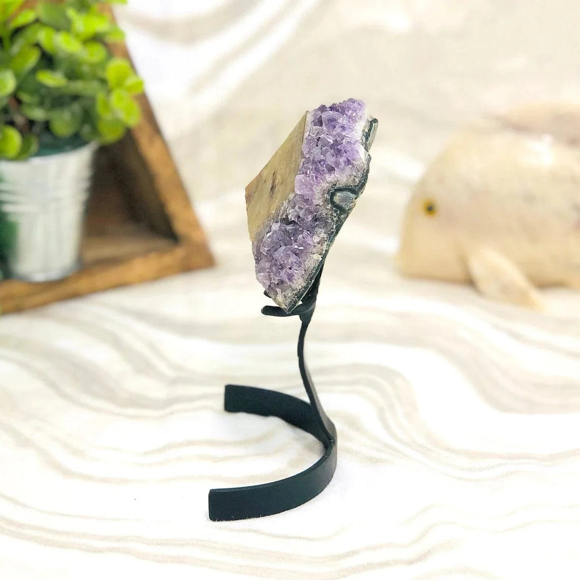 Amethyst Crystal Purple Geode With Calcite on Metal Stand