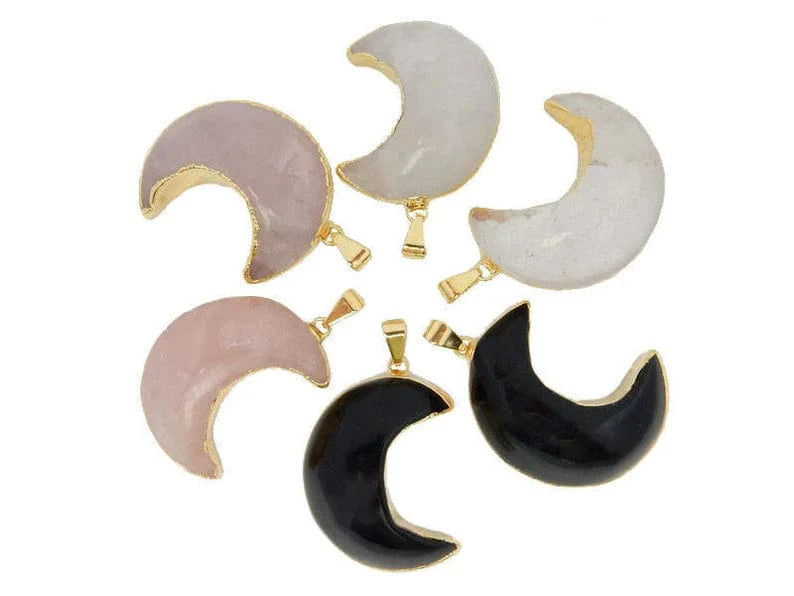 Gemstone Moon Crescent Pendant with Electroplated Edge