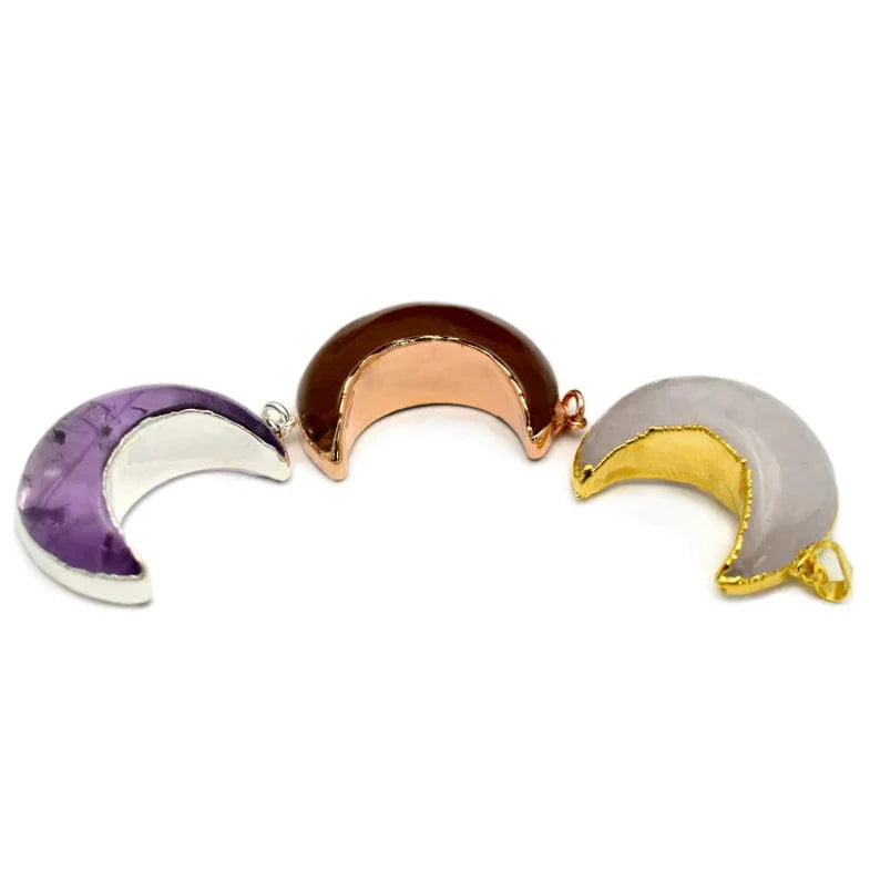 Gemstone Moon Crescent Pendant with Electroplated Edge