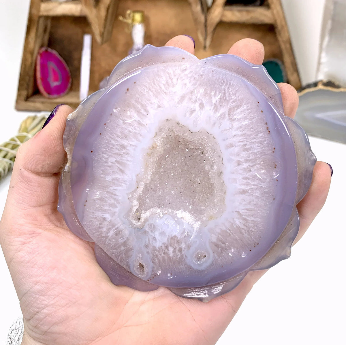 Agate Druzy Lotus Flower Carving - OOAK -