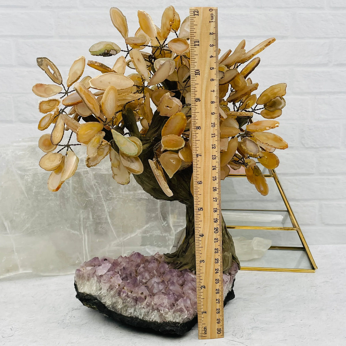 Agate Slice Stone Tree on Amethyst Crystal Cluster