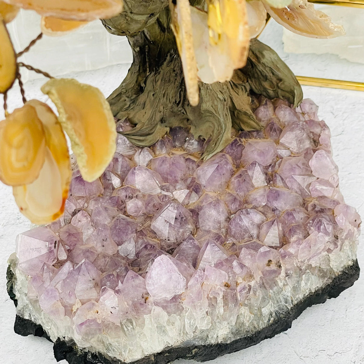 Agate Slice Stone Tree on Amethyst Crystal Cluster