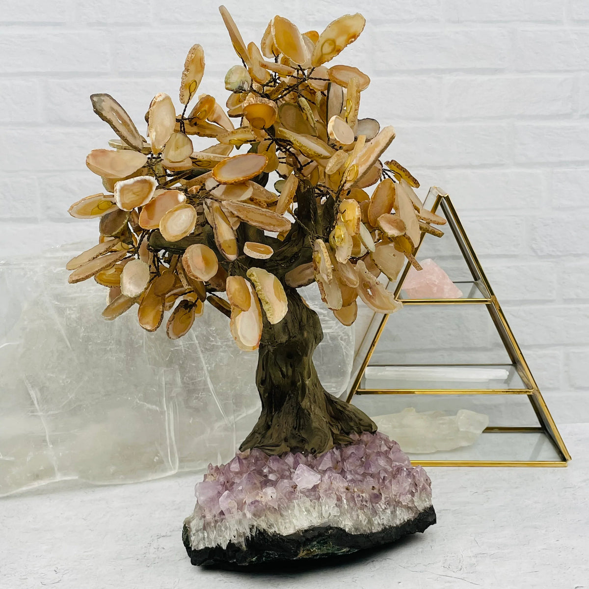 Agate Slice Stone Tree on Amethyst Crystal Cluster