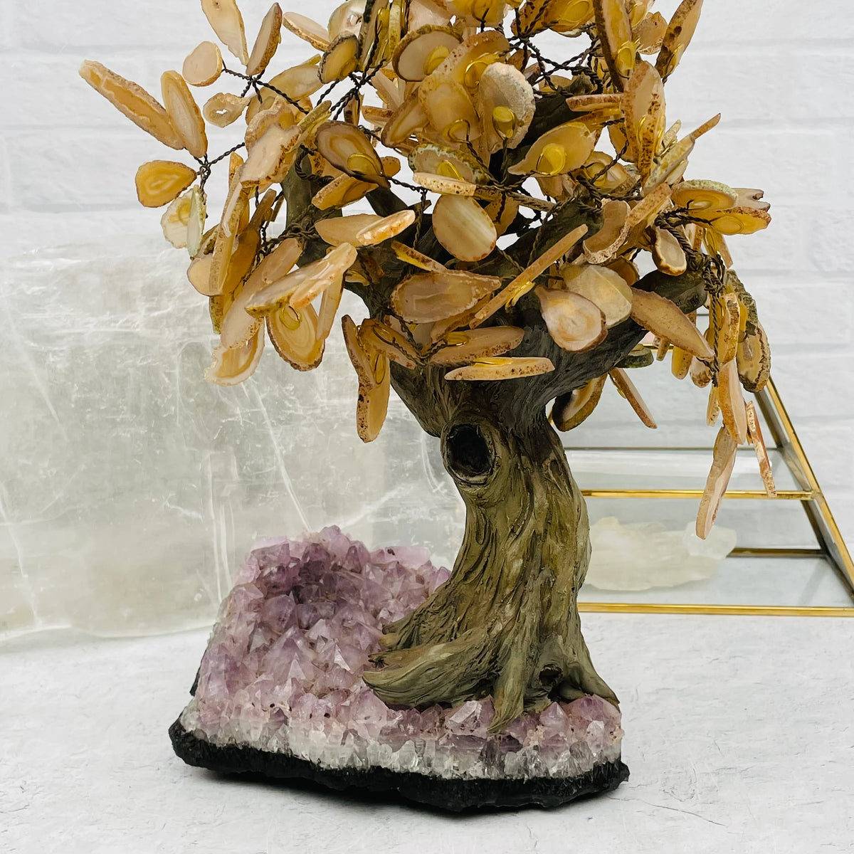 Agate Slice Stone Tree on Amethyst Crystal Cluster