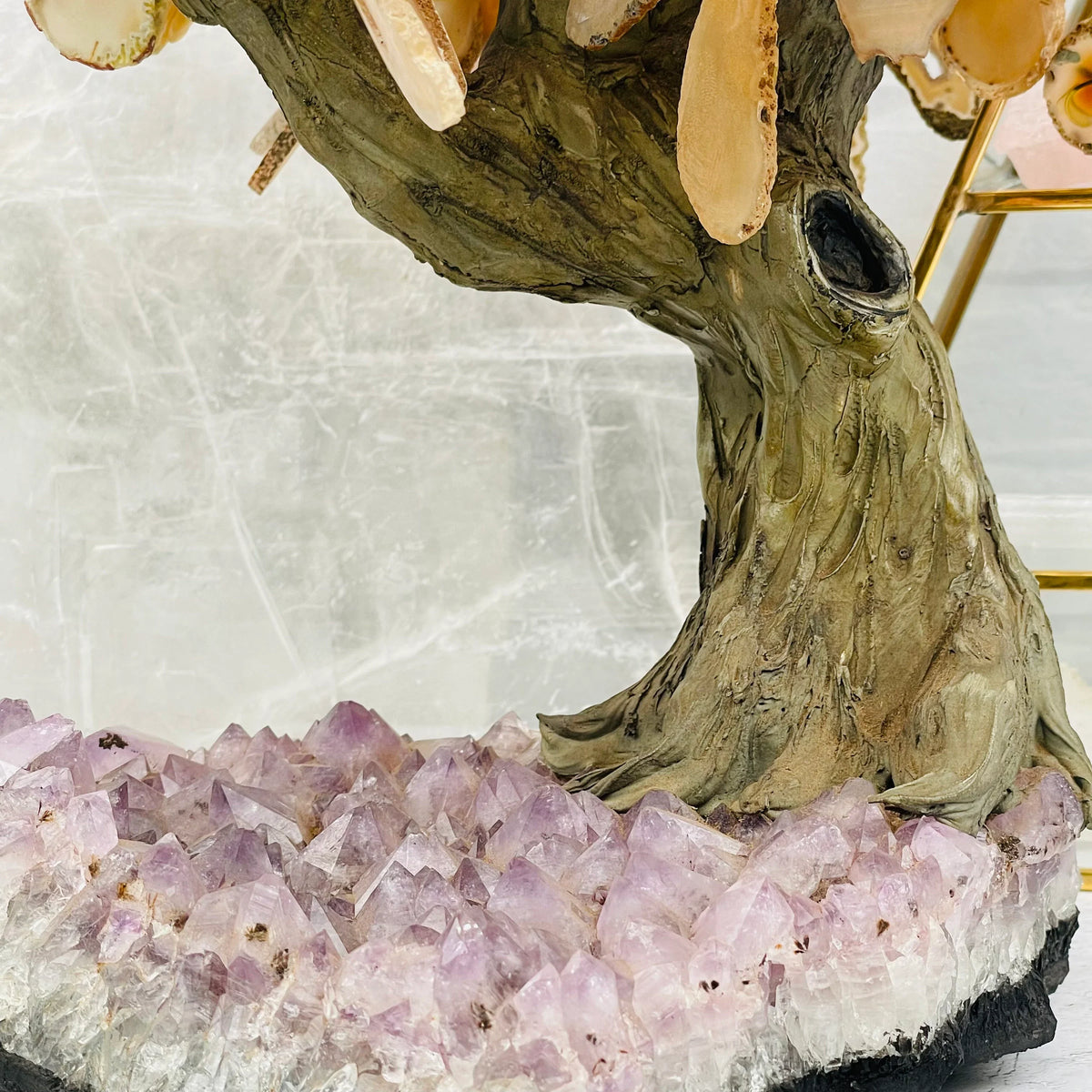 Agate Slice Stone Tree on Amethyst Crystal Cluster