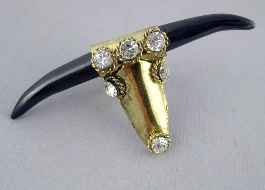 Brass Long Horned Bull Head Adjustable Ring with Rhinestone Accents