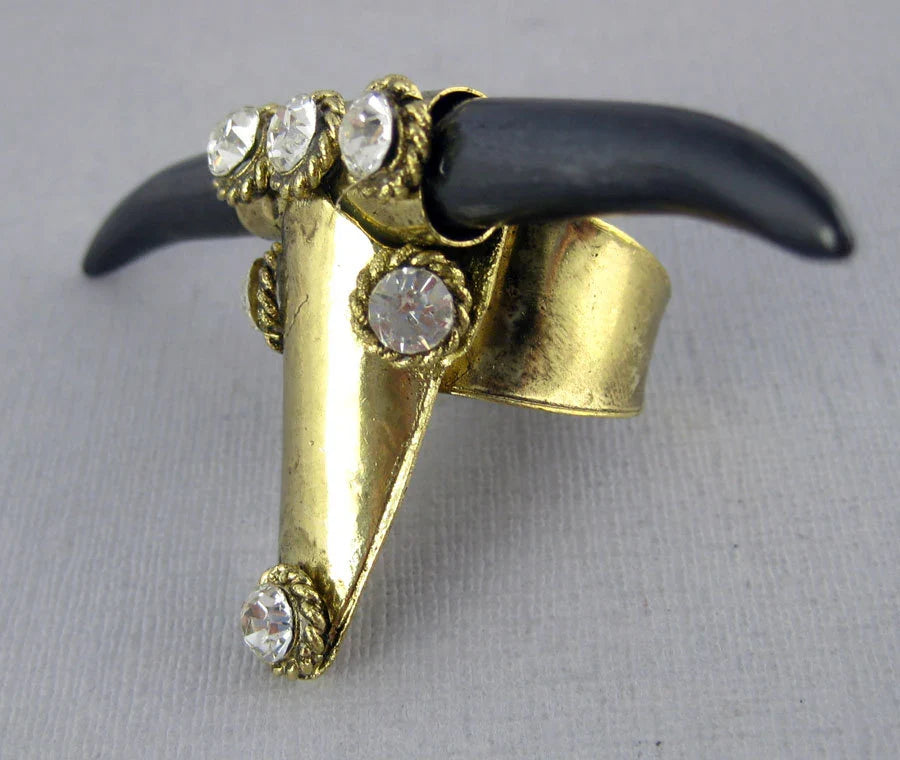 Brass Long Horned Bull Head Adjustable Ring with Rhinestone Accents